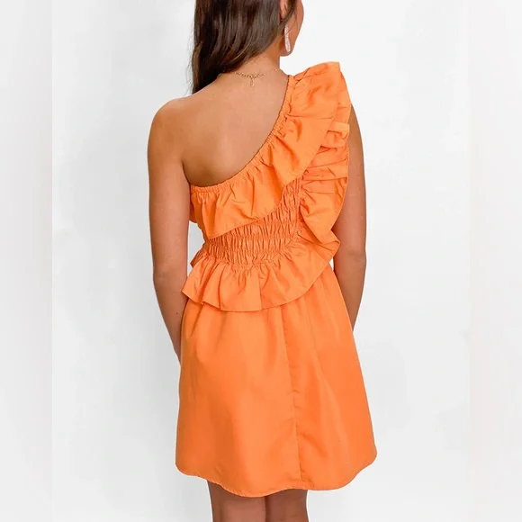 Day + Moon Meredith Smocked One Shoulder Orange Ruffle Dress - Picture 3 of 10